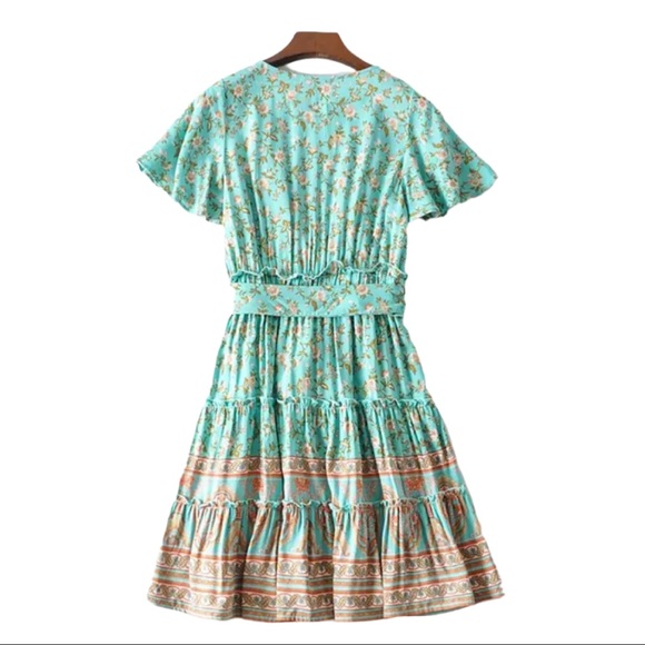 Boho Floral Gypsy Print Dress Mint Ruffle Frill - Picture 5 of 9